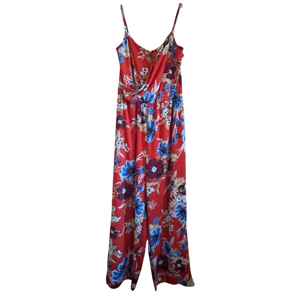 Charlotte Russe Vibrant Red and Blue Floral Jumpsuit with Spaghetti Straps Sz M